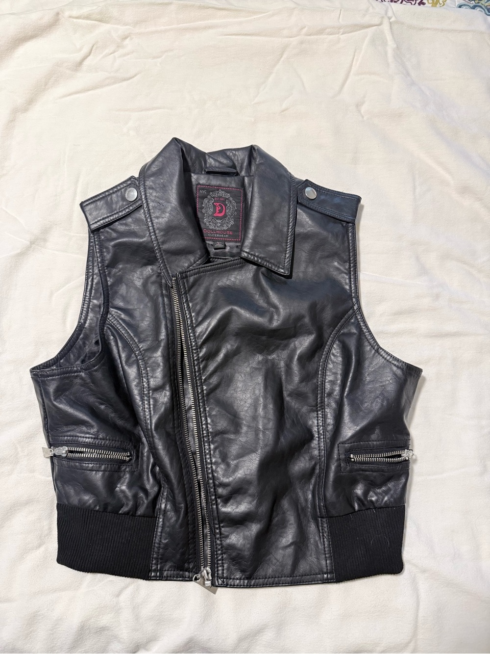 Dollhouse Black Faux Leather Moto Vest with Ribbed Hem